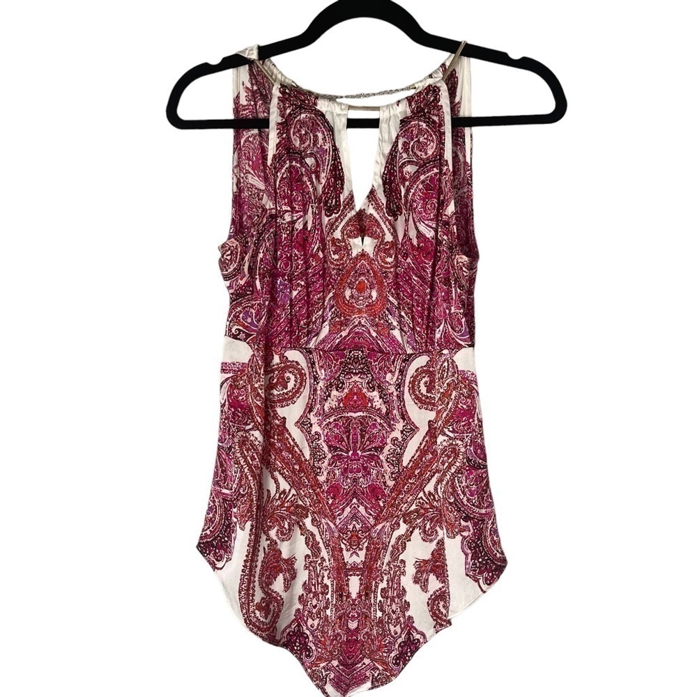 Caché Silk Keyhole Halter Top with Gold Chain Detail, size XS